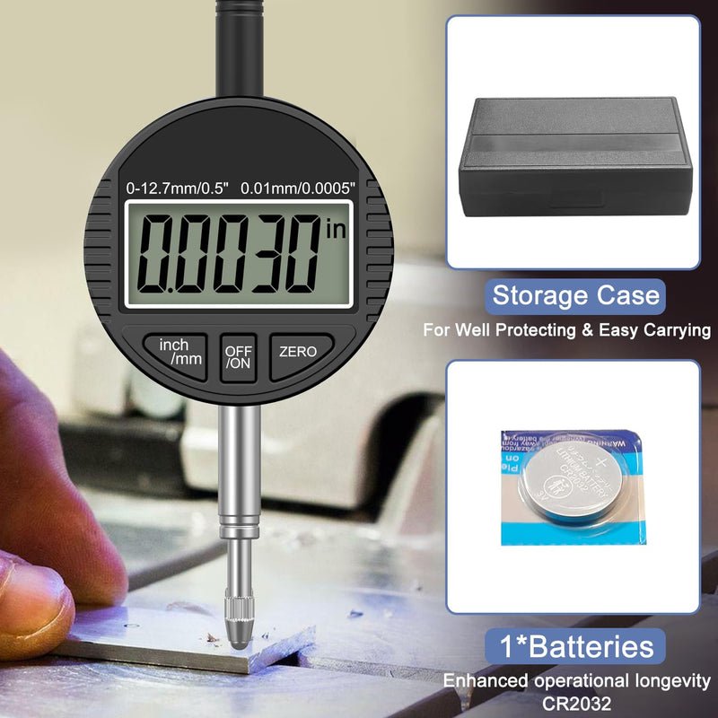 HDLNKAK Electronic Digital Dial Indicator Gauge 0-12.7mm/0.5” Inch/Metric Conversion, High Precision Probe with 0.01mm/0.0005” Resolution for Testing. 0.5”Dial Indicator