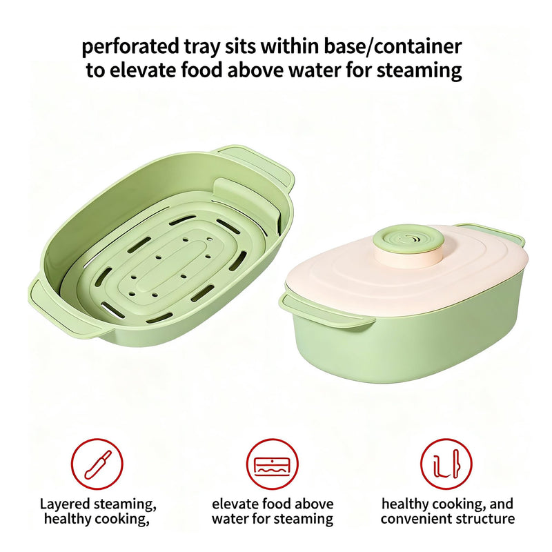 44oz Silicone Steamer Bowl with Handle & Lid, 9.8x5.7x4in | Microwave-Safe, BPA-Free with Removable Rack, Rotating Steam Vent, Freezer & Dishwasher Safe, Ideal for Vegetables & Fish