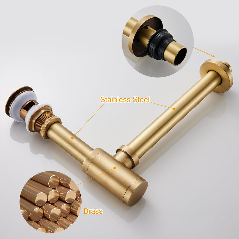Solid Brass Adjustable 1-1/4 Bottle Trap with Overflow Drain Stopper Set, Bathroom Sink P-Trap Complete Set Sink Drain Kit Tube, Antique