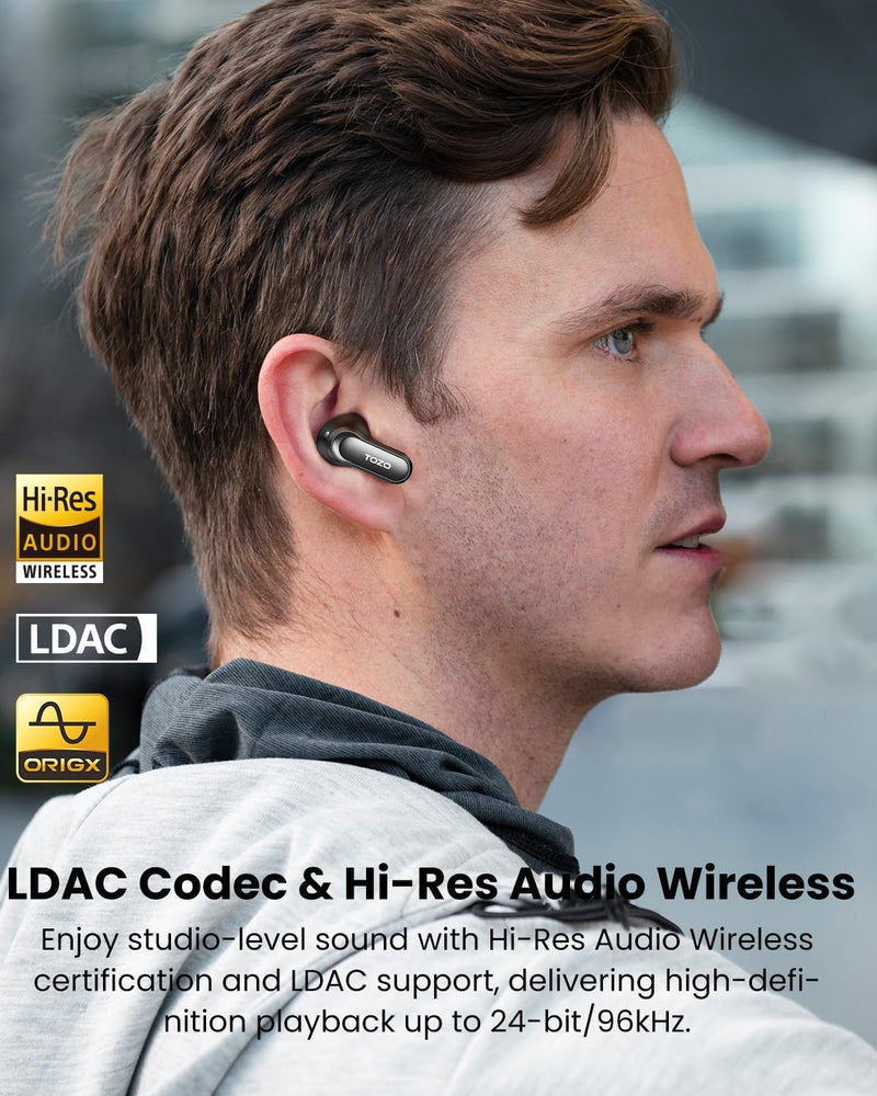 TOZO NC20 Pro Active Noise Cancelling Wireless Earbuds, Smart LCD Screen | LDAC Hi-Res Audio, Stereo Bass, 6 Mics AI Call Ear Buds, 80H Playtime, IPX8 Waterproof, 32 EQ via App Wireless Charging Black Ink Black Small LCD Smart Screen