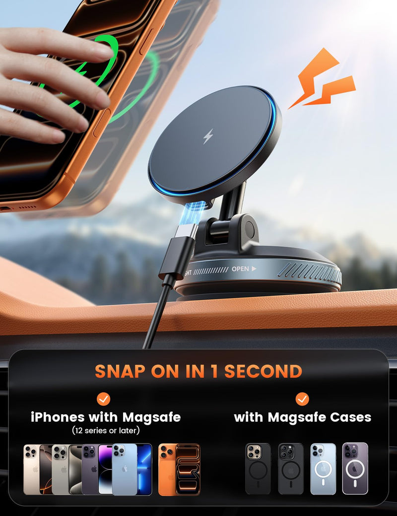 Lamicall 15W for MagSafe Car Mount Charger, 360° Wireless Car Phone Holder | Dual USB-C Ports Magnetic Phone Holder for Car, 70 LBS Vacuum Suction Phone Mount for iPhone 17 16 Pro Max Truck Jeep Black 64 mm