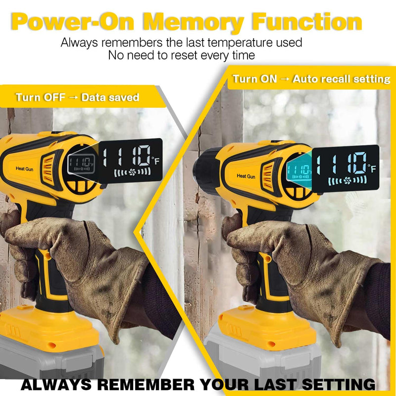 Cordless Heat Gun Compatible with Dewalt 20V Battery 350W Fast Heating 2-Temp Setting120℉-1110℉ Portable Hot Air Gun with LCD Display 4Nozzle for DIY shrink wrapping (Tool Only, Not Made by Dewalt)