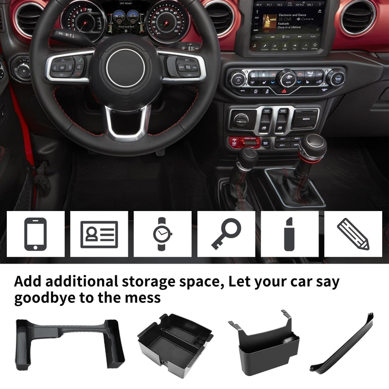 Upgraded 4 Pcs Center Console Organizer Combo Kit Interior Accessories Storage Box Para for 2018 2019 2020 2021 2022 2023 Jeep Wrangler JL JLU and Jeep Gladiator JT JTU,Gear Shift Tray Organizer (Not for JK and 2024+ JL) 18-23 JL JLU/JT JTU