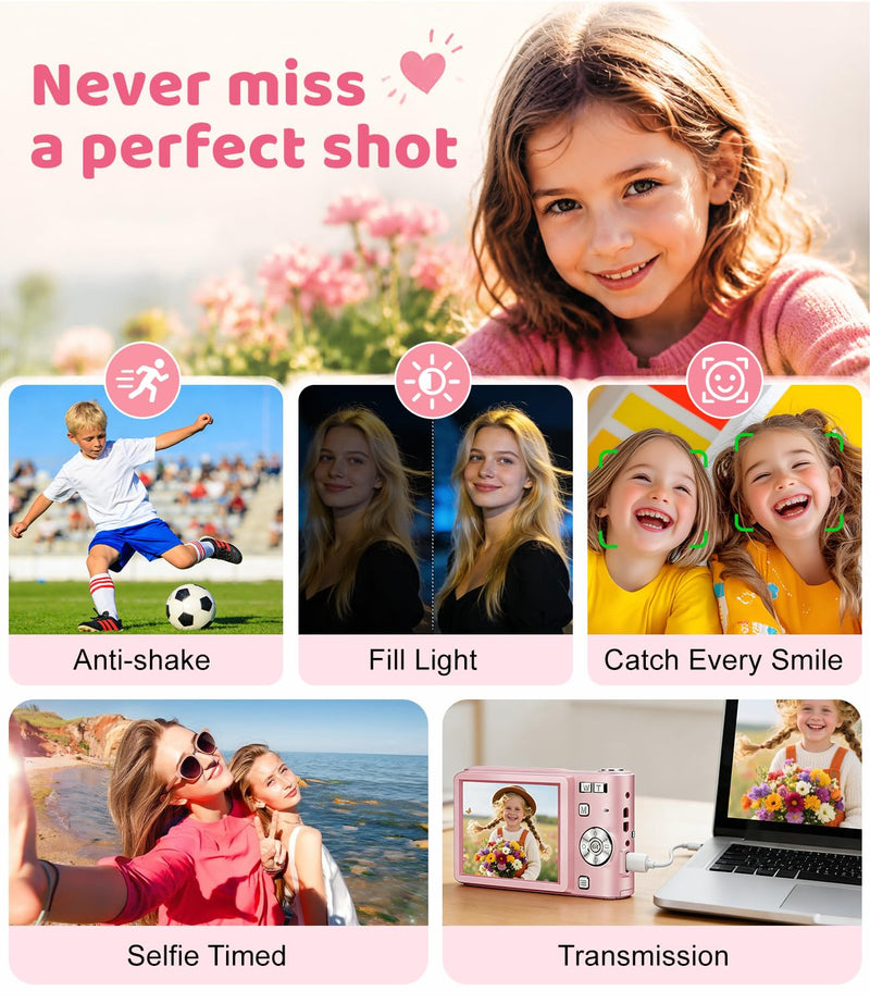 Pink Digital Camera, 50MP FHD 1080P Portable Point and Shoot Camera, Small Digital Camera with 16X Digital Zoom, Anti-Shake Vlogging Device for Daily Life, Travel, Kids, and Beginners Pink