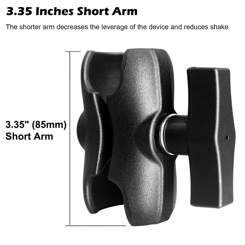 Aluminum Short (3.35") Double Socket Arm for 1.5 Inches/C Size / 38mm Ball Accessories, Powerful Clamp, Compatible with RAM Mount, iBolt and More
