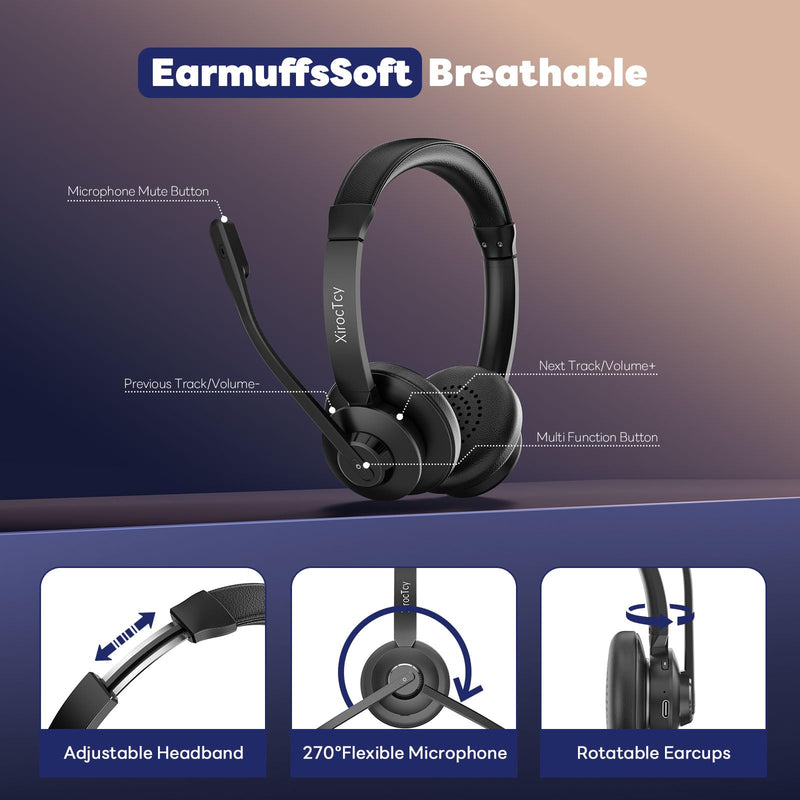 Wireless Headset with Mic for Work, Bluetooth Headset, Mic Clear Calls, Wireless Headphones with AI Noise Cancelling Microphone (Bluetooth 5.3 & Mic Mute), USB Dongle, for PC/Zoom/Office Black