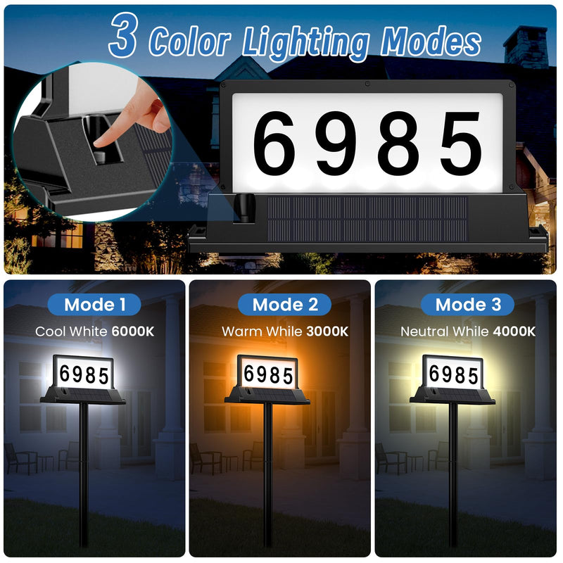 Solar Address Sign for House Numbers – Dual-Sided LED & Dual-Sided Solar Panels, 3 Color Modes, IP65 Waterproof Address Plaque, Strong Magnetic/Stake/Wall Mount, Dusk-to-Dawn for Mailbox Yard Driveway 1 Pack 3000/4000/6000K