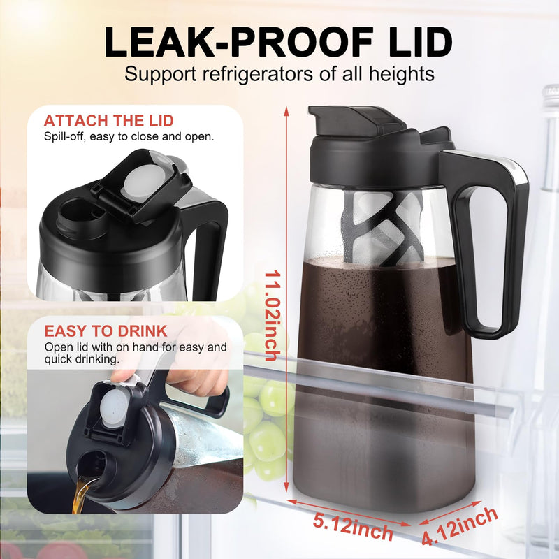 Sivaphe Large Ice Cold Coffee Maker 2 Quart, Dishwasher Safty Traitan Carafe Pitcher Leak Proof, Reusable Filter 64 oz Iced Hot Coffee Tea Method Brewer Black+clear