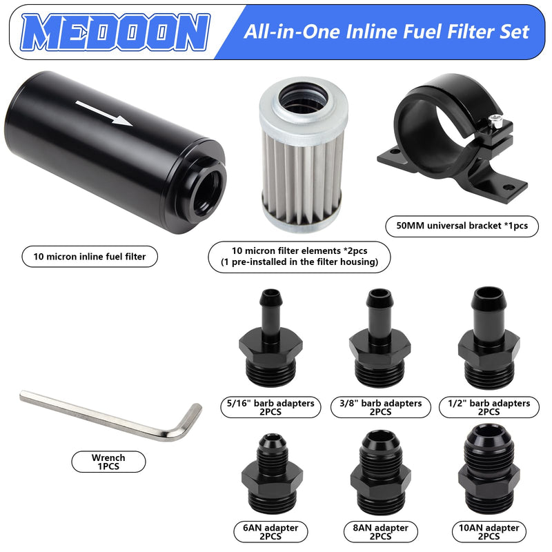 10 Micron Inline Fuel Filter with 6AN 8AN 10AN Adapter(6pcs), Barb 1/2", 3/8", 5/16" Fitting Adapter (6pcs),Bracket Clamp 50MM Universal, 10 Micron Filter Element Replacement 10 Micron 15pcs