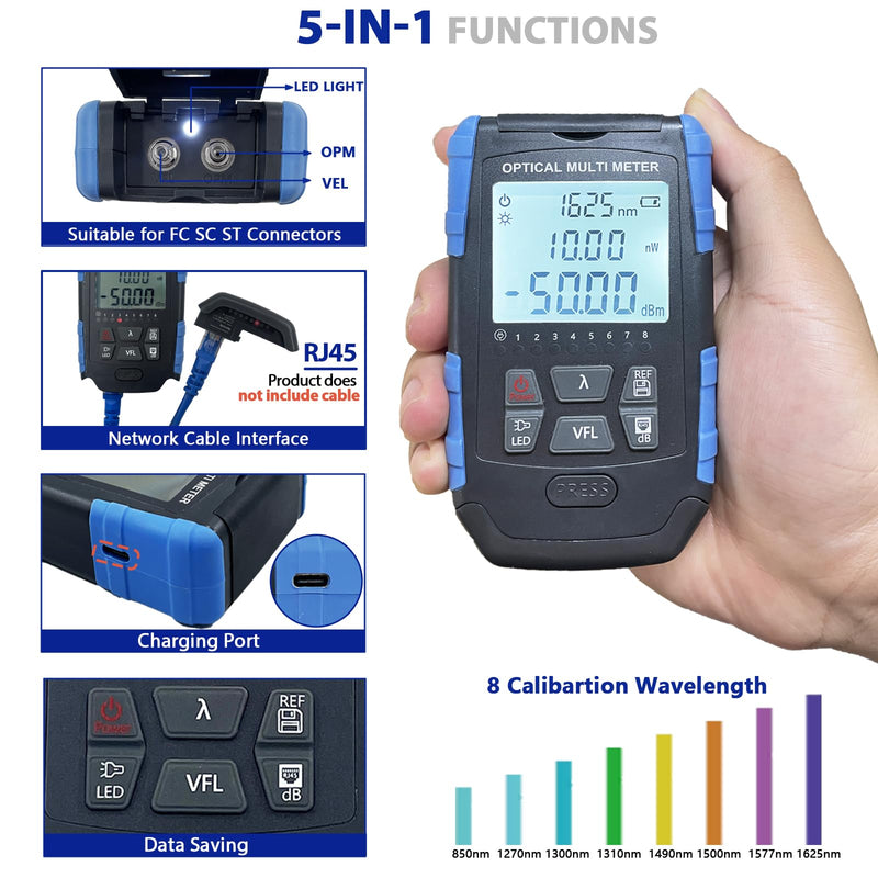 5-in-1 Fiber Optic Cable Tester, Portable Optical Power Meter with Fiber Optic Light, FC/SC/ST Universal Interface medium