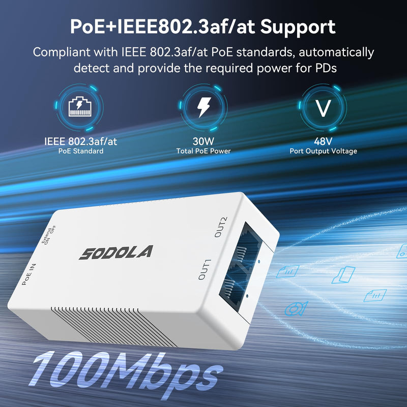 SODOLA 2 Port PoE Extender 100Mbps, POE Repeater 1 to 2 Poe Splitter with IEEE802.3af/at with 100Mbps, 4KV Lighting Protection Plug&Play 48V 30W POE Passthrough Switch for Security Systems IP Camera SL-AFR-21+