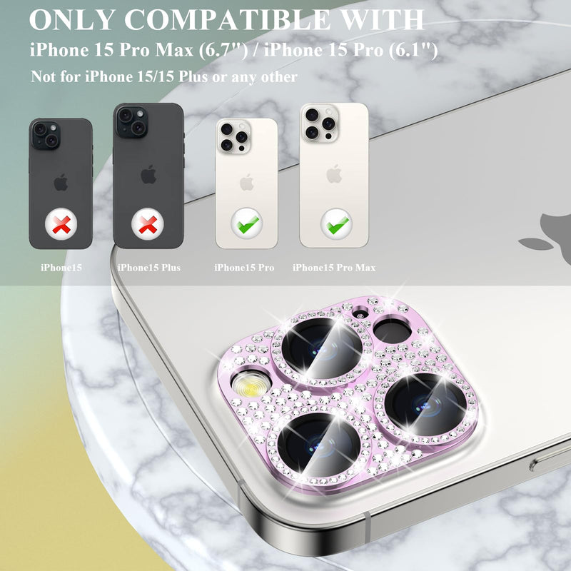 2 Pack Bling Diamond Camera Lens Protector Cover Compatible for 15 Pro/15 Pro Max Full Coverage Camera Cover Screen Protector[Update]Shatter/Scratch-Resistant Ultra HD/Thin - Rose Gold Diamond iPhone 15 Pro 6.1" / Max 6.7"