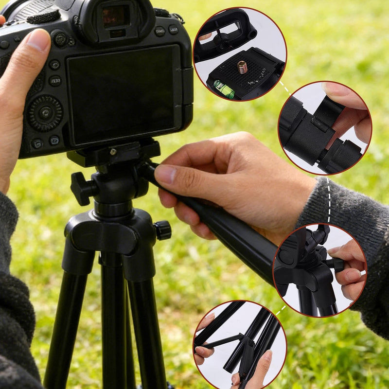 Professional Portable Travel Aluminium Camera Tripod Accessories Stand with Pan Head for Camera and Phone, Adjustable Height Up to 1.2m