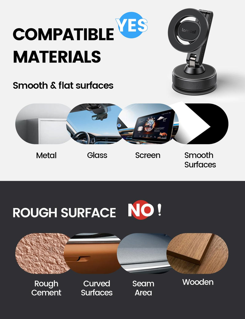 Lamicall Car Phone Holder Mount Ultra Nano Gel & 70+LBS Vacuum Suction Cup | 20X Strong Magnets 360° Phone Holders for Your Car Dashboard Windshield Car Mount for iPhone 17 16 15 Pro Max S26 S25 Black