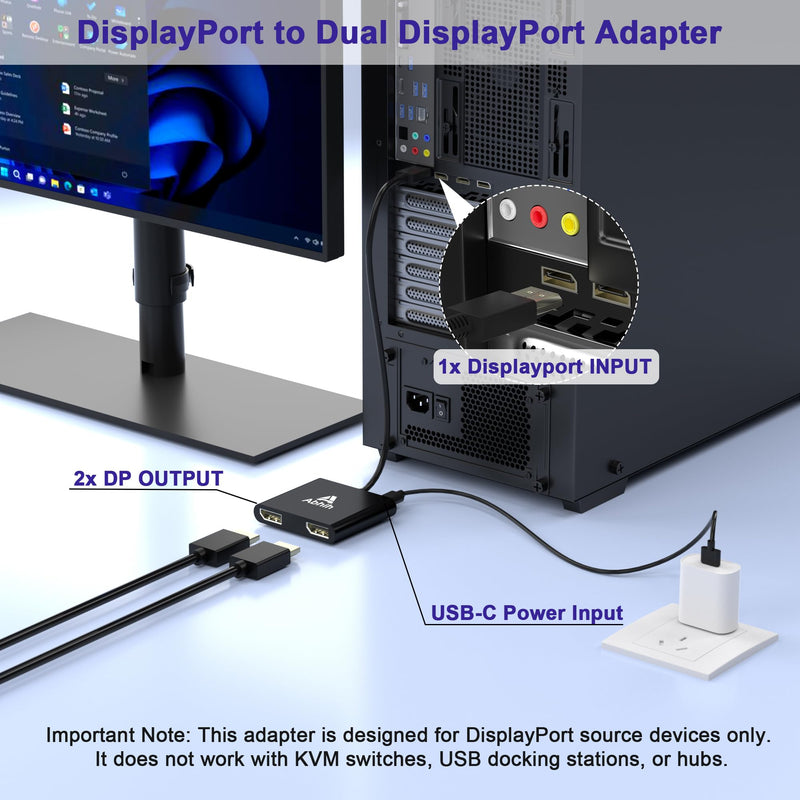 DisplayPort to Dual DisplayPort Adapter, DisplayPort Splitter 1 in 2 out | DP 1.4 MST Hub, DP Splitter for Dual Monitors SST/MST Extended Display, for PC/Laptop/Desktop Graphics Card with NVIDIA AMD