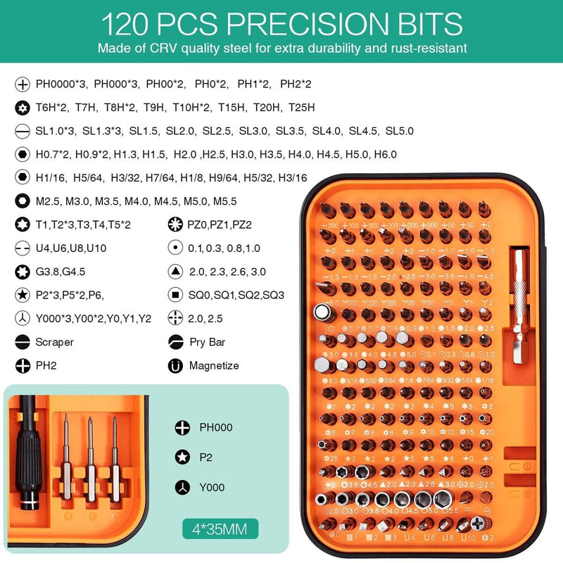 ORIA Precision Screwdriver Set, Magnetic Repair Tool Kit, 130 in 1 Professional Screwdriver Kit with 120 Bits, Built-in Magnetizer, Case, for Electronics, Watch, Eyeglasses, DIY Projects Orange