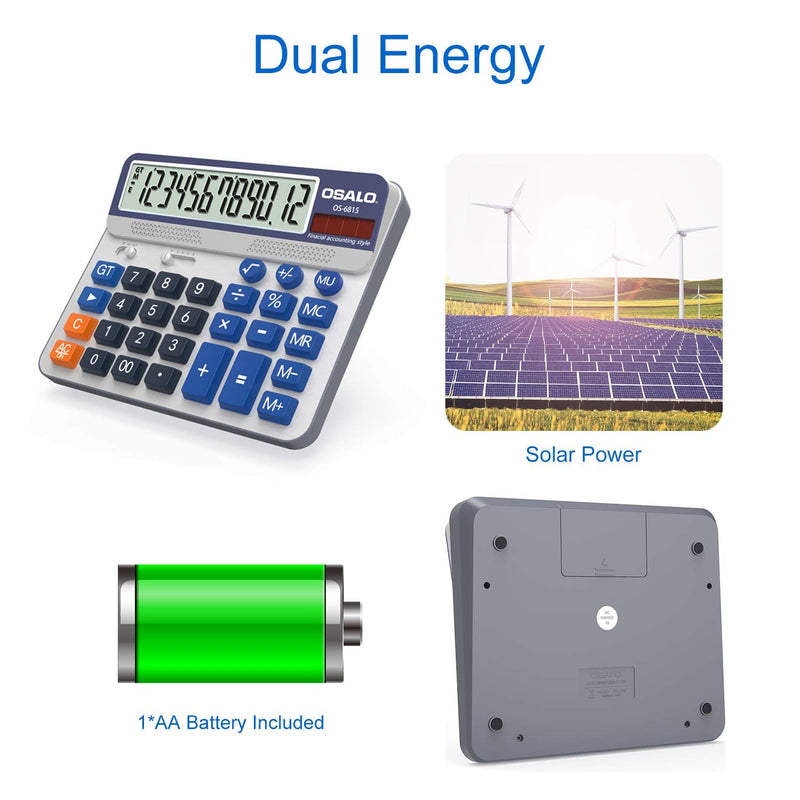 Desktop Calculator and Mesh Zipper Waterproof Pouch Bundle, 12-Digit Battery Solar Powered LCD Display Big Button Calculator, 11x13.7in Large Double Pocket Waterproof File Bag with Handle