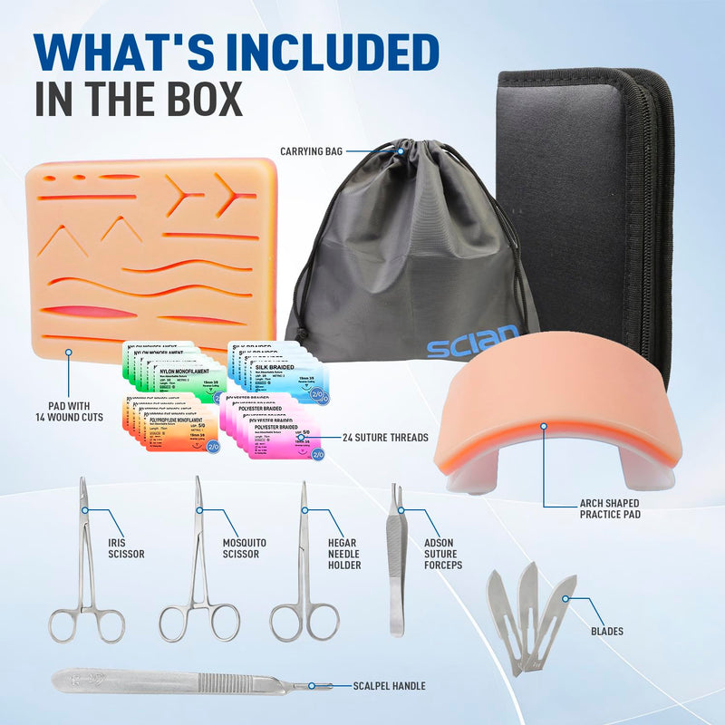 Scian Advanced Practice Kit for Medical Students (36 Pcs) Complete Suture Kit Includes Variety of Suture Threads, Unique Arch-Shaped Pad, Suture Pad with 14 Pre-Cut Wounds (Education Only)