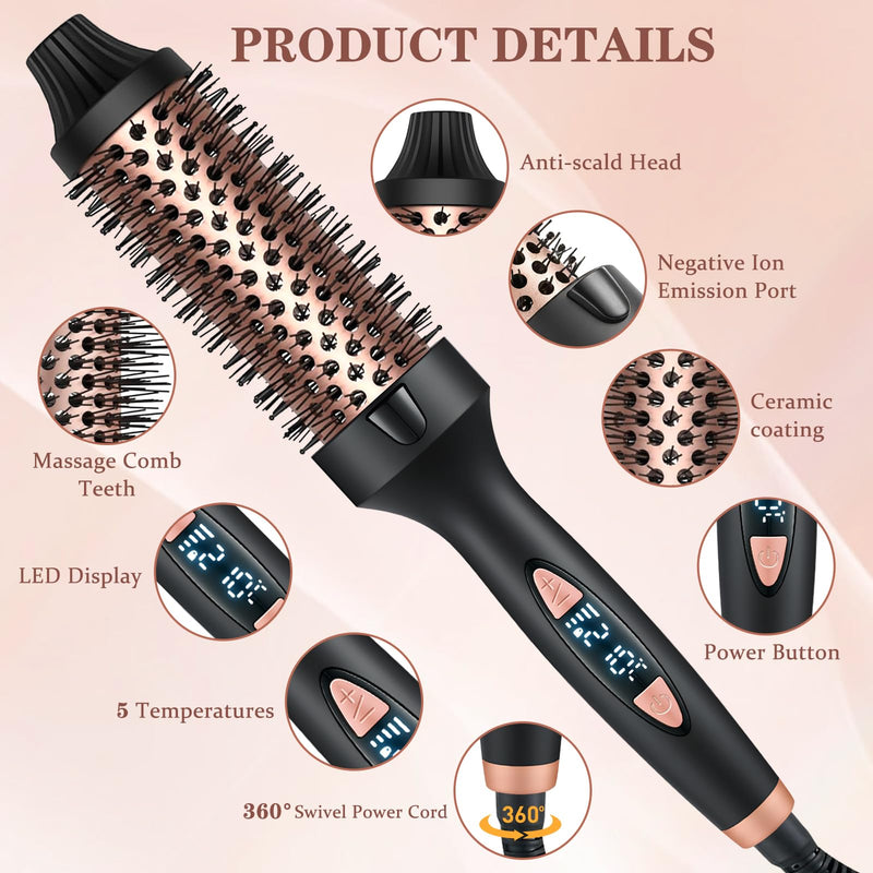 Thermal Brush 38 mm, Ionic Thermal Brush Round Brush for Volume, Curls, Ceramic Heating Brush with 5 Temperature Levels, Curling Brush for Voluminous & Curly Hair, 30s Quick Heating (Black)