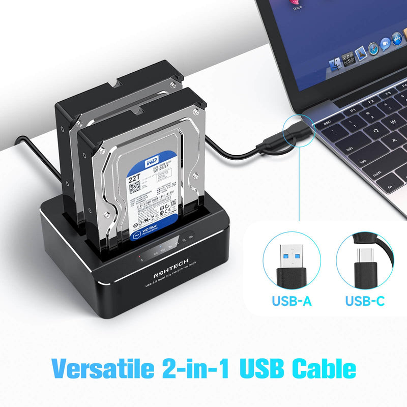 RSHTECH USB-C/USB 3.0 to SATA Dual Bay Hard Drive Docking Station Aluminum | External Hard Drive Dock Reader for 2.5/3.5 inch HDD SSD, with USB-C/A Cable, Support Offline Clone, UASP, 2x22TB, RSH-DS01C
