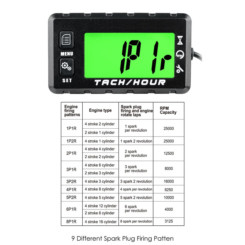 Jayron JR-HM058 Digital Hour Meter Tachometer,2 System Options,Countdown Maintenance Rminder,Backlight Setting,Resettable Max RPM,Replacement Battery Reminder,User Off,for Motorcycles,Lawn Mowers