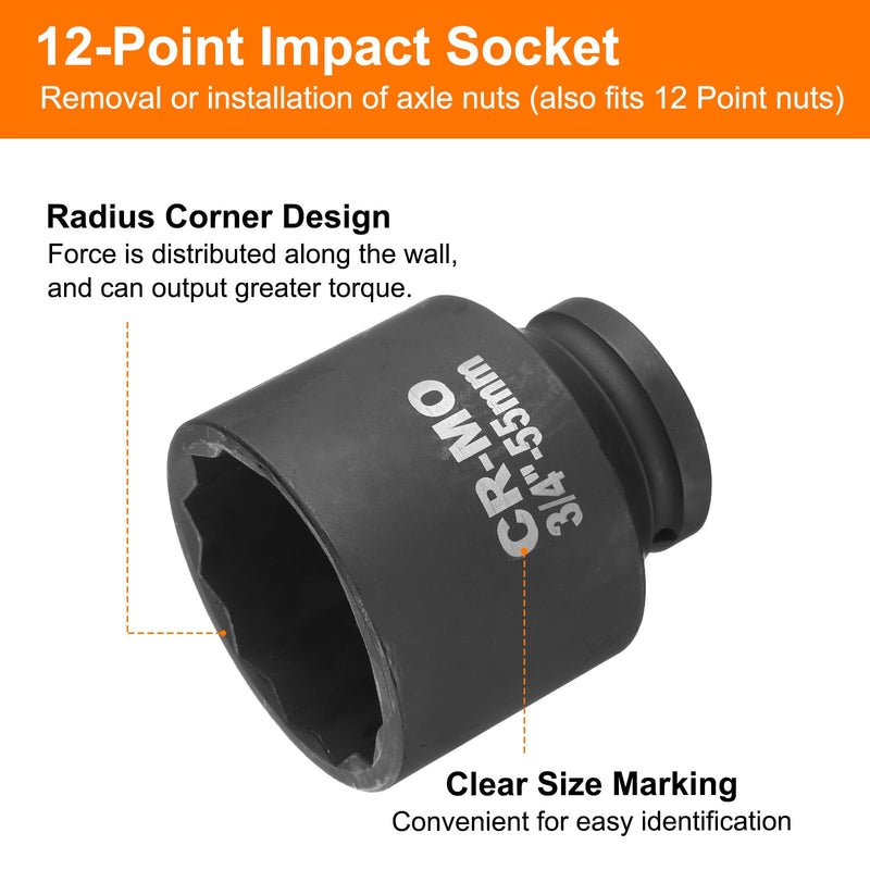 uxcell 3/4-Inch Drive 12 Point Impact Socket 55mm Metric Spindle Axle Nut Socket Driver Wrench for Auto Repair Easy Removal