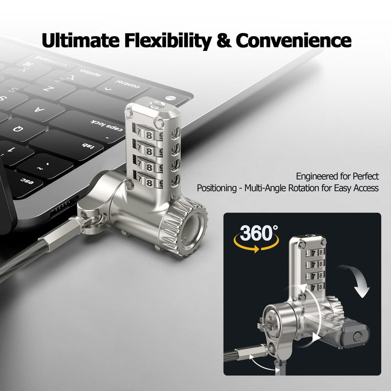 AboveTEK 3-in-1 Universal Laptop Cable Lock - Professional Laptop Security Combination Lock Compatible with K-Slot, Nano & Wedge Slot - Resettable 4-Digit Steel Locking Cable with 360° Rotating Head