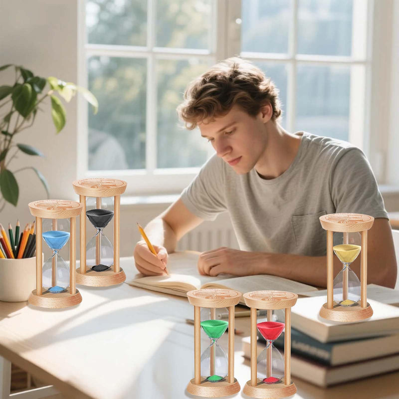 SuLiao Sand Timer, Colorful Wood Hourglass Sandglass Timer, Wooden Sand Clock, Hour Glass, Reloj De Arena 1min/2min/3min/5min/10min for Brushing Teeth, Classroom, Cooking, Games, Office (Pack of 5) 1/2/3/5/10 Min Black/ Blue/ Turq/ Red/ Gold