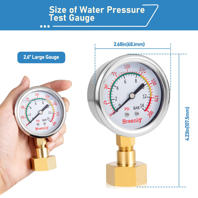 Water Test Pressure Gauge Kit,2.5" Dial+12" EPDM Rubber+1/4" Lead-Free Valve+1/4 to 3/4 Adapter,0-200PSI/0-1.4MPA（Stainless Steel/Color）,Blue Kit Kit | Blue
