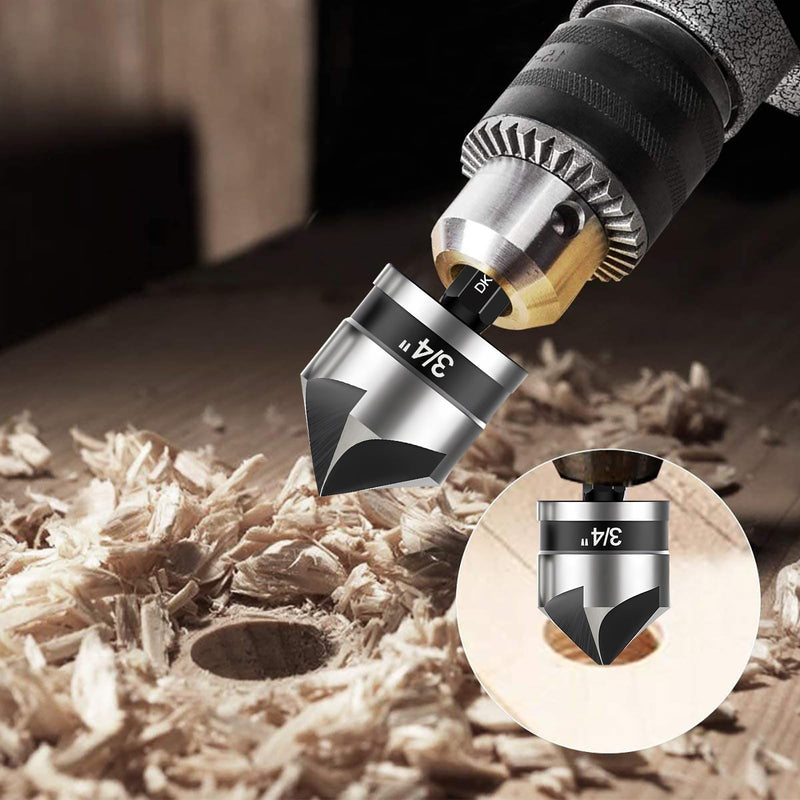 5 Pcs Countersink Drill Bit Set, Industrial Grade M2 High-Speed Steel, 82 Degree, 5 Flute with 1/4” Quick Change Hex Shank, 1/4" to 3/4" Size for Metal, Wood & Plastic - Includes Durable Case 1/4"- 3/4" M2 HSS