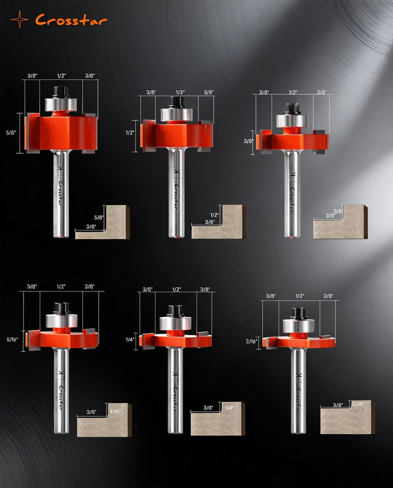 Crosstar 6Pcs Rabbeting Router Bit Set with 6 Bearings - 1/4" Shank Carbide Tipped Bits for Woodworking - Includes 1/4", 5/16", 3/8", 1/2", 3/16", 5/8" Height Cutters & 6 Sizes Bearings