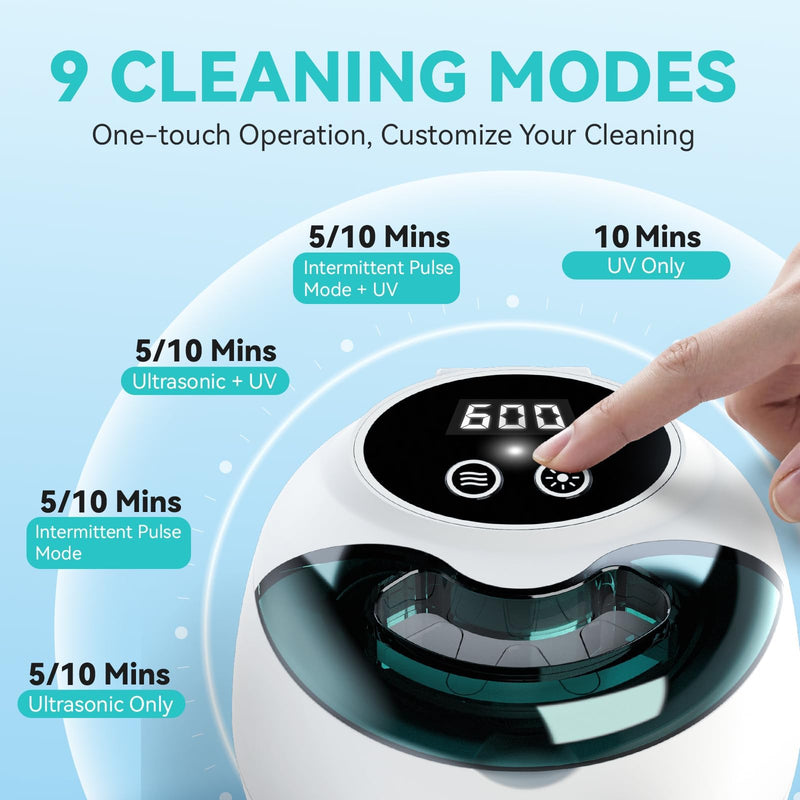 Ultrasonic Denture Retainer Cleaner Machine - 45kHz Retainer Cleaner Machine with 200ML Dental Cleaning Pod, 4 Modes Ultrasonic Cleaner for Denture, Mouth Guard, Aligner, Braces, Toothbrush, Jewelry White