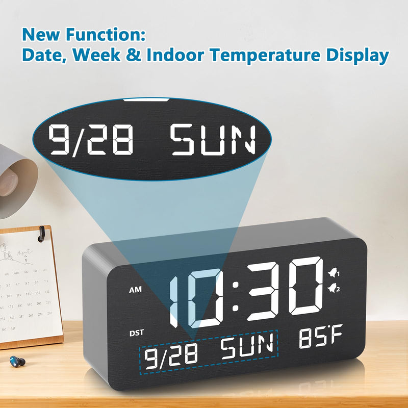 Wooden Digital Alarm Clock for Bedroom - Desk Clock with Date, Day of Week, Temperature, Dual Alarms, Dimmer, USB Port Charge, DST, Adjustable Volume for Living Room/Office Wood Decor (Black) Bl-rectangle