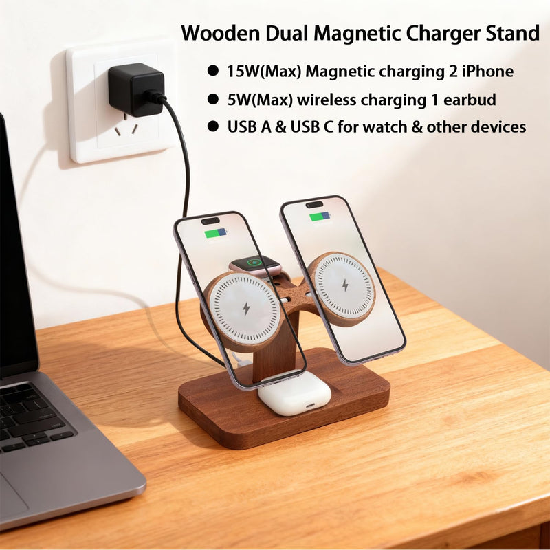 3 in 1 Wireless Charging Station for Apple Devices 24W Dual Phone Charging Station for 2 iPhone 17 16 15 14 13 12 Series iWatch 11 10 9 8 7 6 5 4 AirPod Magnetic Wireless Phone Charger Stand With Apple watch charger