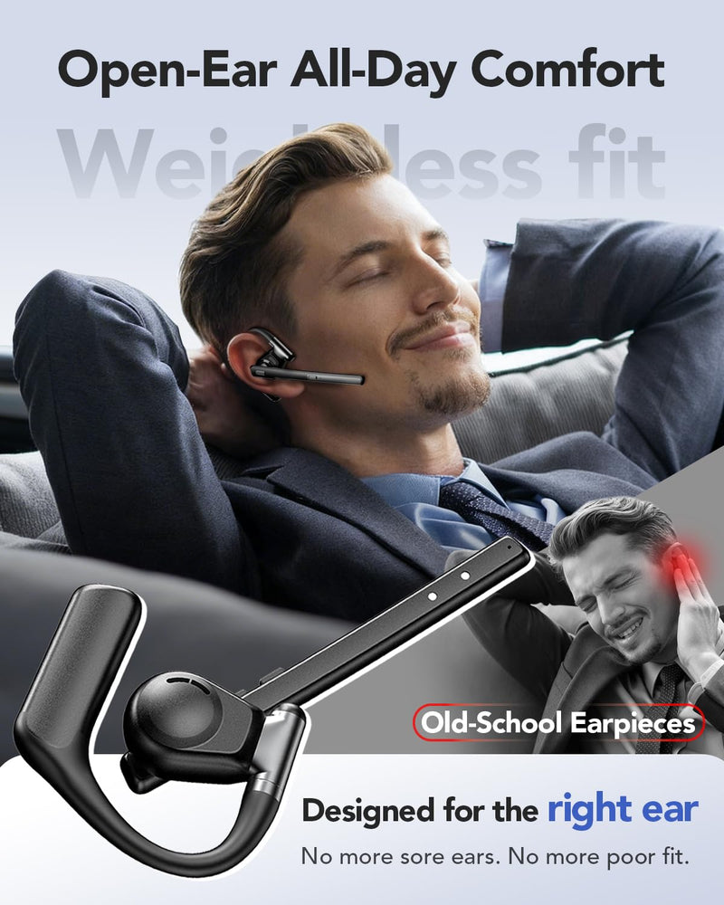 Bluetooth 6.0 Open-Ear Headset with Noise-Canceling Microphone | 96-Hour Talk Time, 950mAh Charging Case and Mute Button for Truckers, Work, iOS, Android and Laptops Black