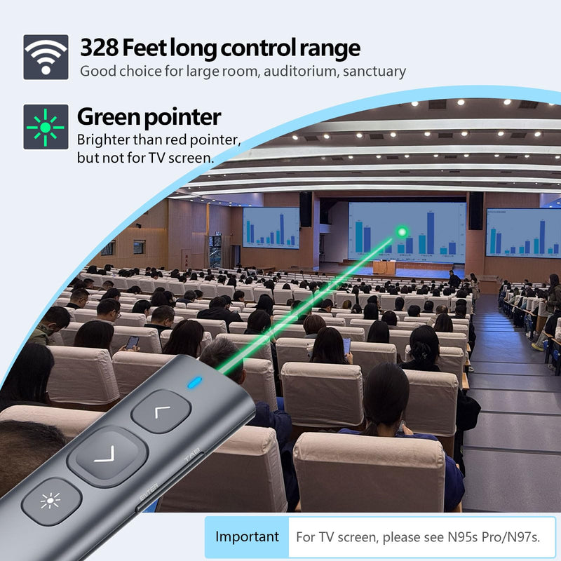 Norwii N95 Bluetooth Presentation Clicker with USB-A Receiver, PowerPoint Clicker for Presentation Remote, Rechargeable Wireless Presenter Pointer, Slide Clicker for PC/Laptop/e-Book(Green, BLE&USB-A) Green Light