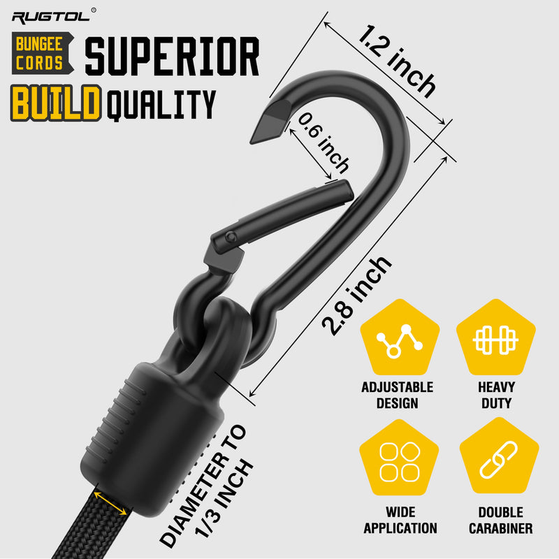 Adjustable Bungee Cords with Hooks, 6 Pack Heavy Duty Outdoor Carabiner Bungee Cord, Black Super Elastic Bungee Straps Easily Adjust from 7" to 48", Great for Cargo, Camping, Bike Racks, Tents 48"- 6 Pack Adjustable