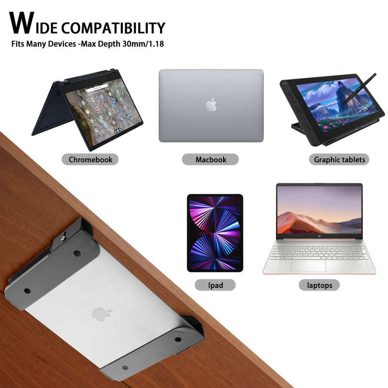 Wall Mount and Under Desk Mount Laptop Holder, Universal Laptop Storage Bracket for Devices Up to 1.18" Thick Macbooks, Surface, Keyboards, Tablets & More (Metal Black)