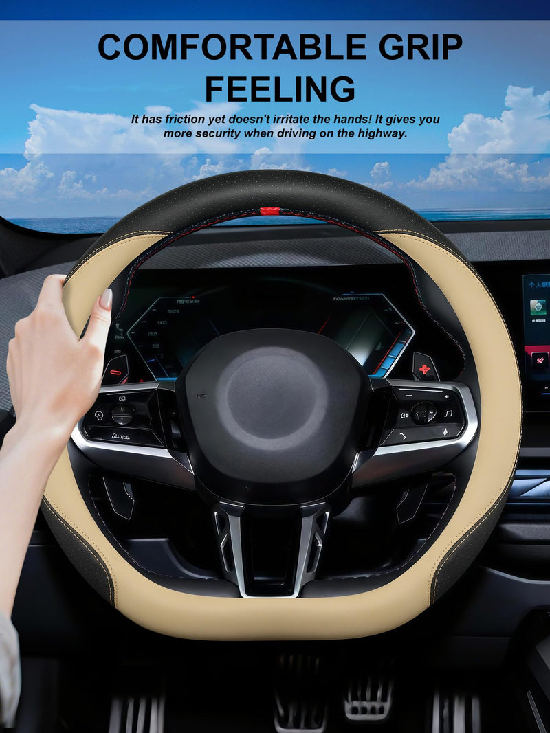 Steering Wheel Cover for BMW X3, Non-Slip D-Shaped Perforated Leather Steering Wheel Protector 14.5 Inch,Funda de Volante para BMW X3 (Beige, D Shape) Beige
