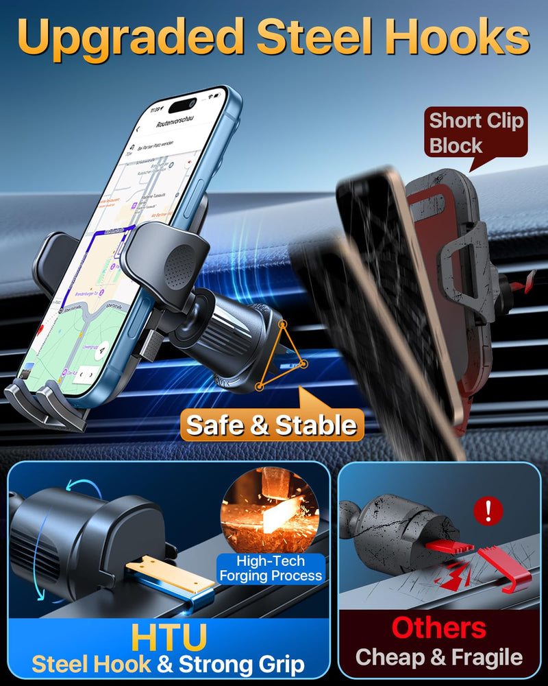 2026 Latest Upgrade Military-Grade Anti-Shake 90+LBS Car Phone Holder | Strong Suction 360° Rotating Short Fixed Arm Cellphone Mount Dash Windshield Vent Cradle for iPhone 17 16 Pro Max Deep Black