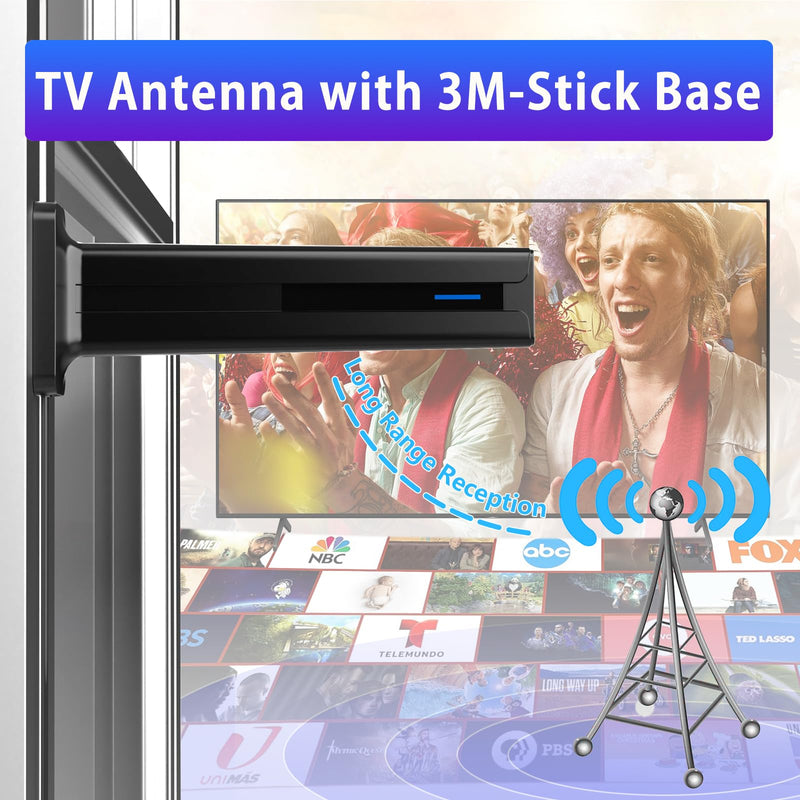 Digital Antenna for Smart TV Indoor, 2026 HD Antennas with 3M-Stick Base, 360°&Long Range Reception 4k 1080p for Local Channels, Easy Setup Antenna for TV Without Cable (Black) Black