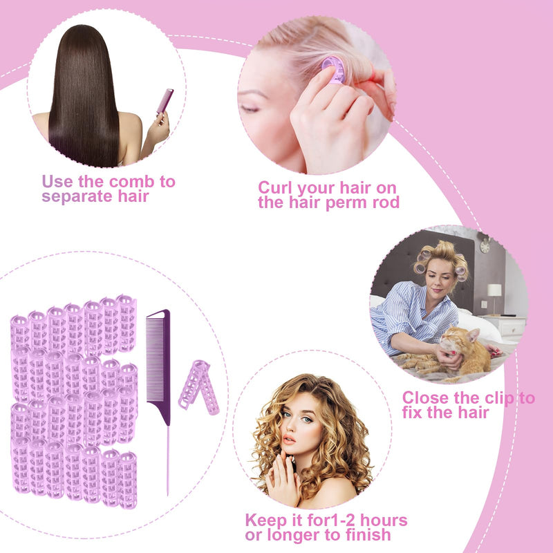 28Pcs Rollers Self Grip Hair Curlers, No Hair Damaging, Volum & Style Long, Medium & Short Hair purple 1 count (Pack of 29)