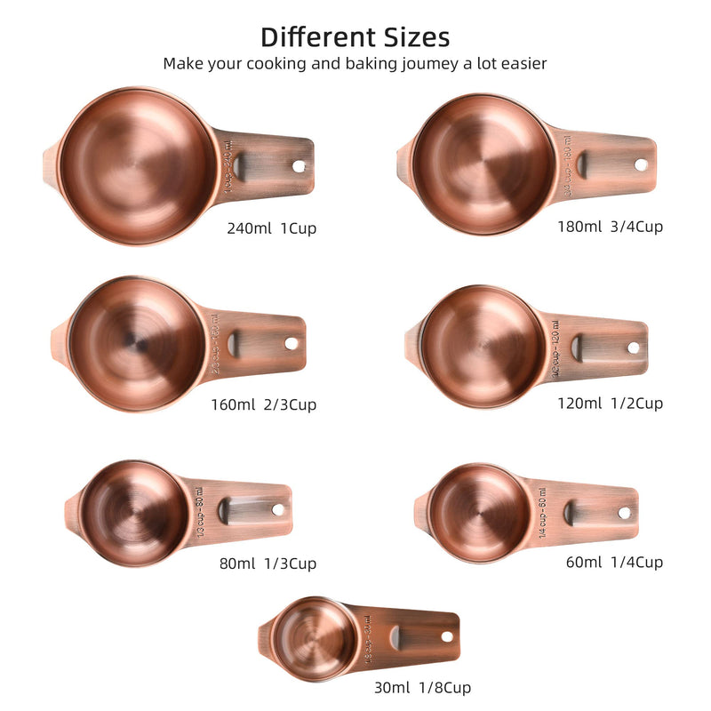 Copper Measuring Cups and Spoons Set 14, Stainless Steel Measuring Cups and Spoons set for Kitchen & Baking, 7 US & Metric Measure Cups & 6 Long Handle Spice Measuring spoons & 1 leveler Copper
