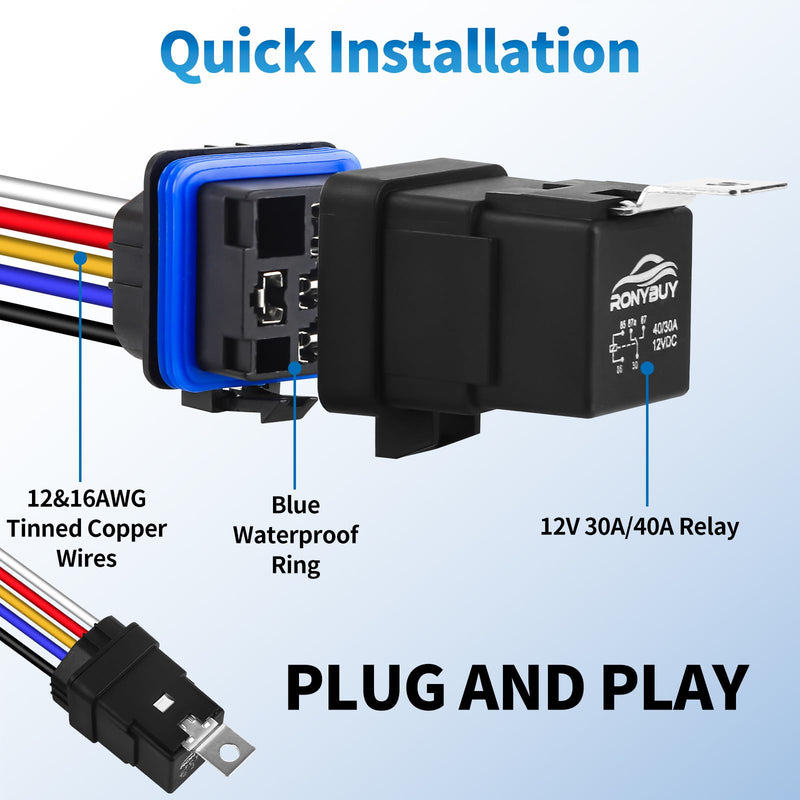 5-Pin Waterproof Relay Kit 40/30 AMP 12V Relay Switch with Harness 12&16 AWG Tinned Copper Wires, SPDT Automotive Relay Kit for Horns Starters Radiator Motor Fans Boats, Pack of 2