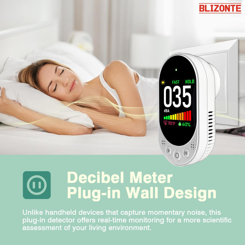 Decibel Meter Plug-in Wall, 3-in-1 Noise Detector(Noise,Temp and Humidity) with Fast/Slow Refresh Rate, MAX/MIN and Data Hold, 30–130 dBA Decibel Range for Rentals, Home, Classroom, Library White