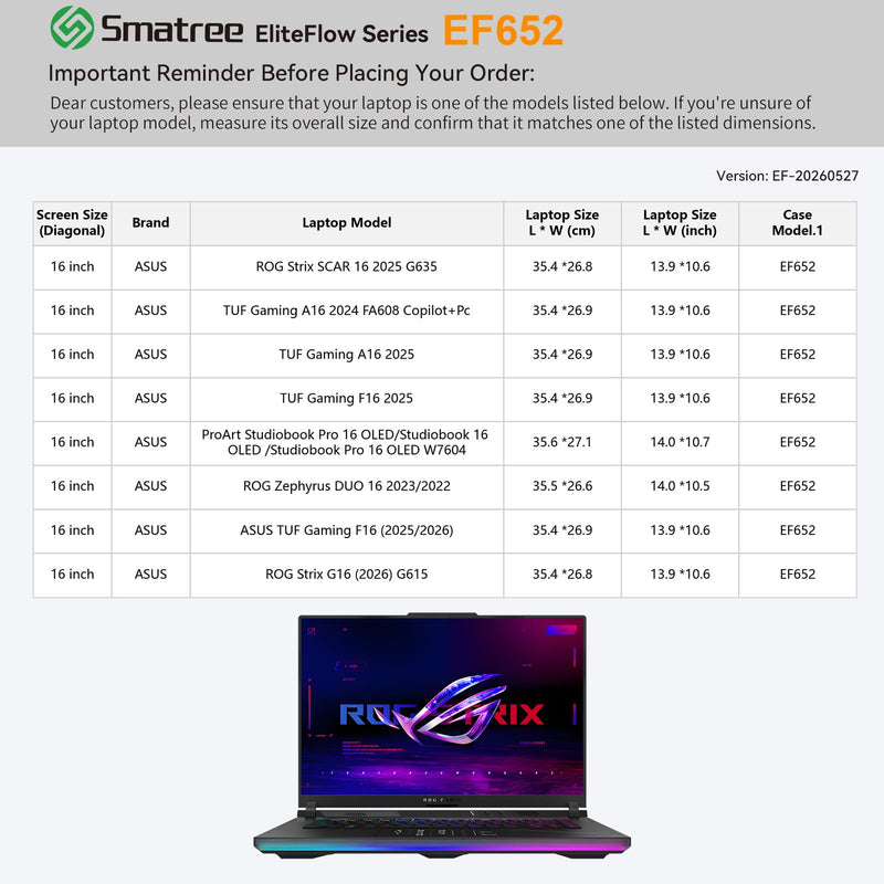 Smatree EliteFlow Laptop Case for 16 inch ASUS TUF Gaming F16 2025/2026 | for 16 inch ASUS ProArt Studiobook,ROG Strix G16 2026/Scar 16 2025,Zephyrus Duo 2023/2022,TUF Gaming A16 2024/2025(EF652) Black for 16 inchProArt Studiobook/ROG/TUF(EF652)