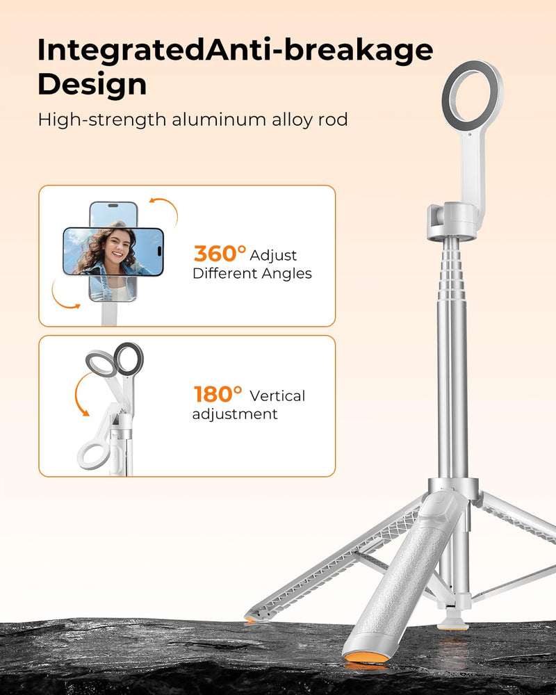 72'' Magnetic Selfie Stick Tripod for iPhone MagSafe – One-Click Open Stable Stand, Strong Magnetic Mount, 360° Rotation, Extendable Aluminum Tripod with Bluetooth Remote for Travel & Video Recording White