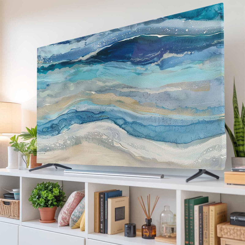 Blue Coastal TV Cover Indoor Elastic TVs Screen Protector, Summer Beach Nautical Monitor Covers Inside Dust Proof Slipcover, Modern Abstract Art 65 Inch TV Cover for Flat or Curved TVs 65"TV Blue Beige