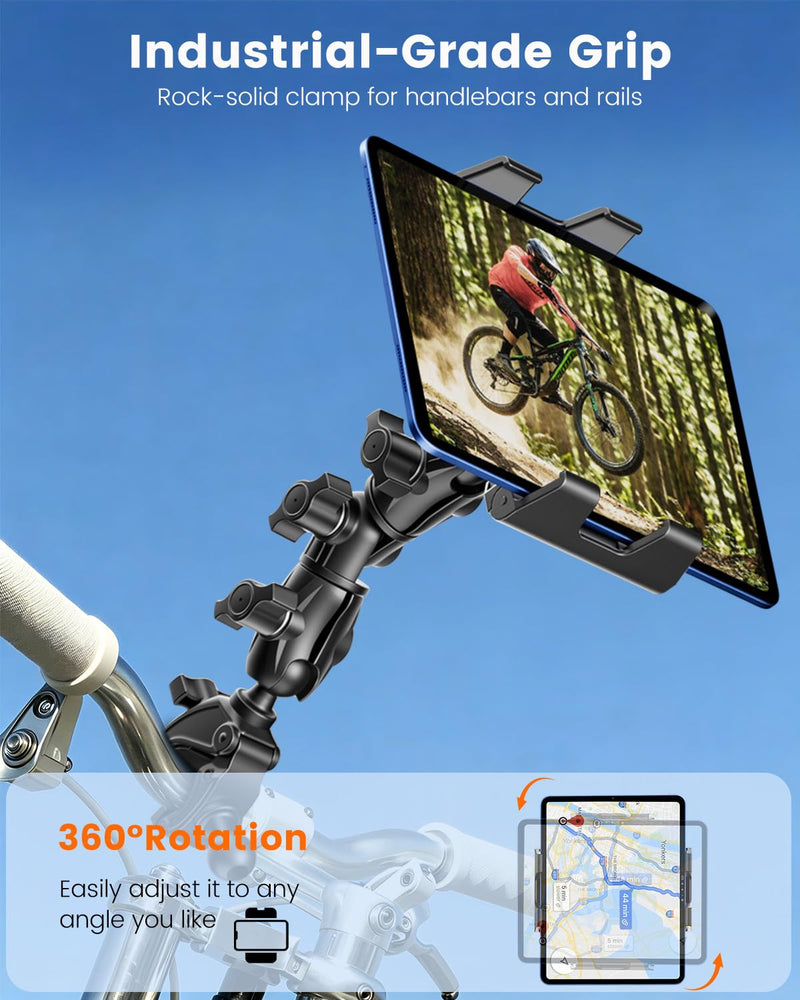 OHLPRO Tablet Holder for Mic Stand, 360° Adjustable Dual Arm Tablet & Phone Mount with Clamp, for Treadmill Handlebar, Peloton Bike, Stroller, Wheelchair, Fits 4.7–14.6" Devices 4.7–14.6"