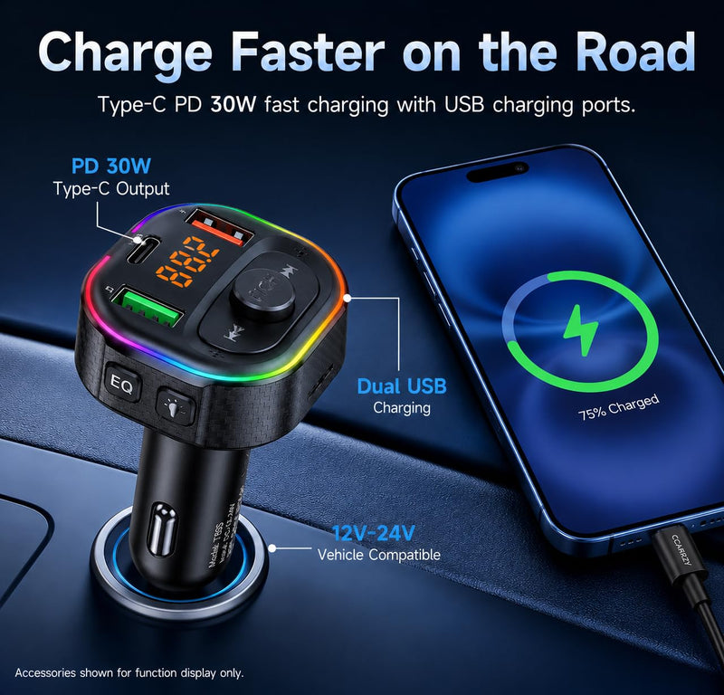 Fm Transmitter Bluetooth Car Adapter, Charger Daul USB & Type C | FM Transmitter for Car PD 30W Fast Charging Wireless Music MP3 Player, Audio Receiver, Hands-Free Call Cigarette Lighter Plug